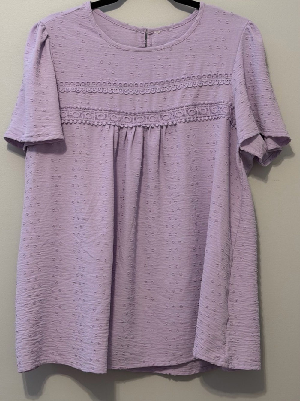 Lavender Swiss Dot Blouse Womens Short Sleeve Flowy Babydoll Lace Detail Top